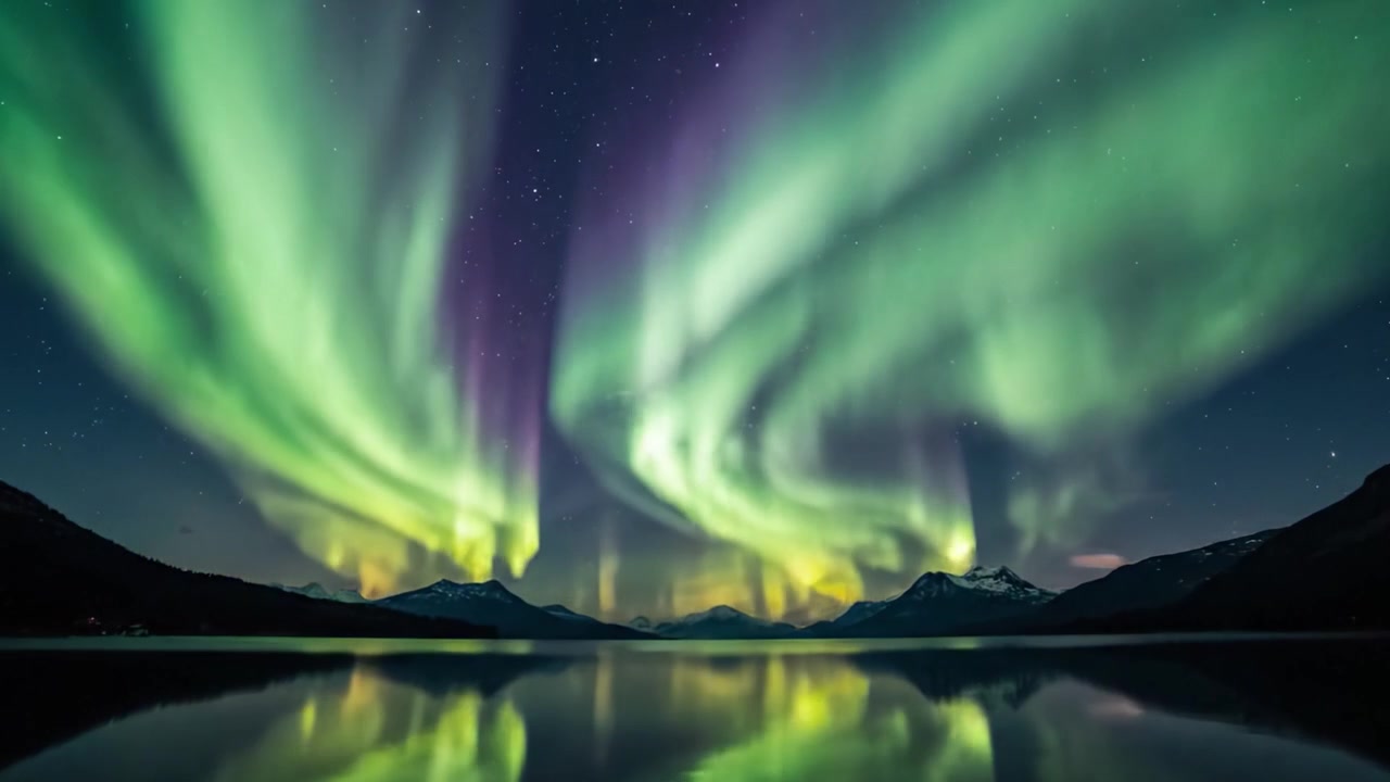 Uno spettacolo mozzafiato dell'Aurora Boreale che si riflette su un lago tranquillo circondato da maestose montagne sotto un cielo notturno stellato.