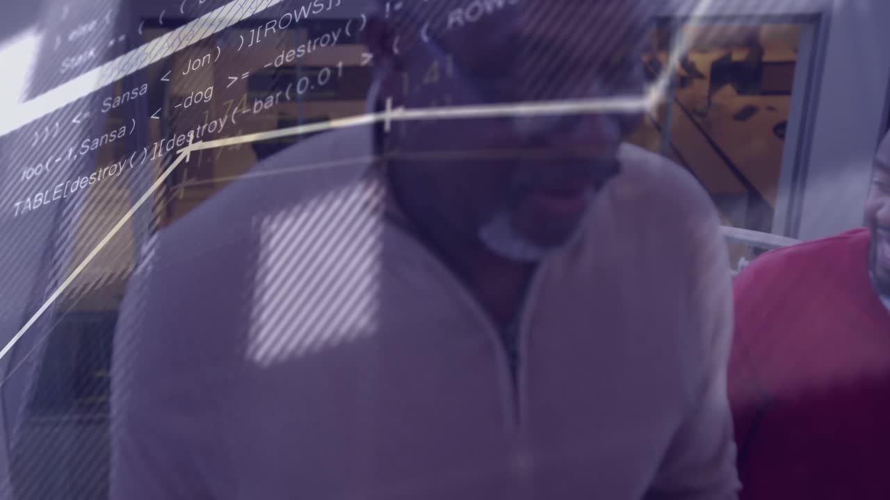 Animation of financial data processing over diverse business people working at office