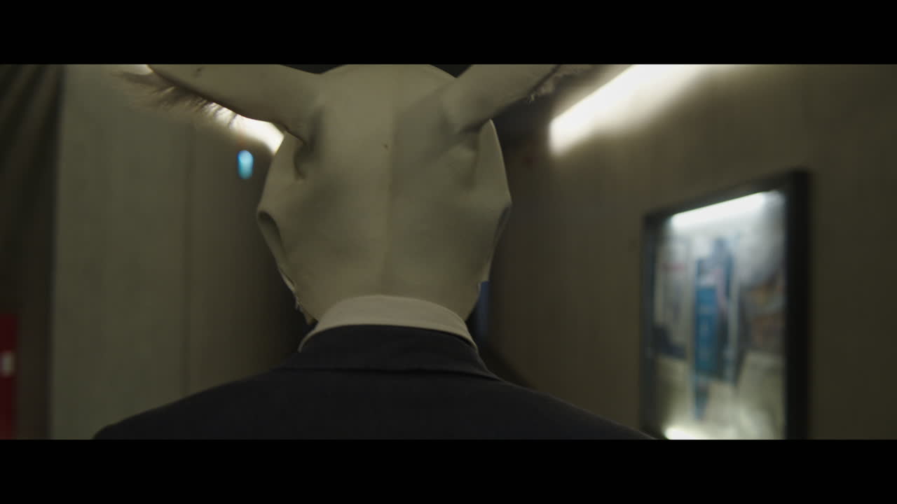 Man walking down a corridor with a rabbit head