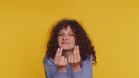woman rubbing fingers show cash gesture demands to pay back the debt, take loan do shopping, begging