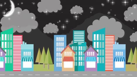 Animation-of-cityscape-moving-against-night-sky-in-background