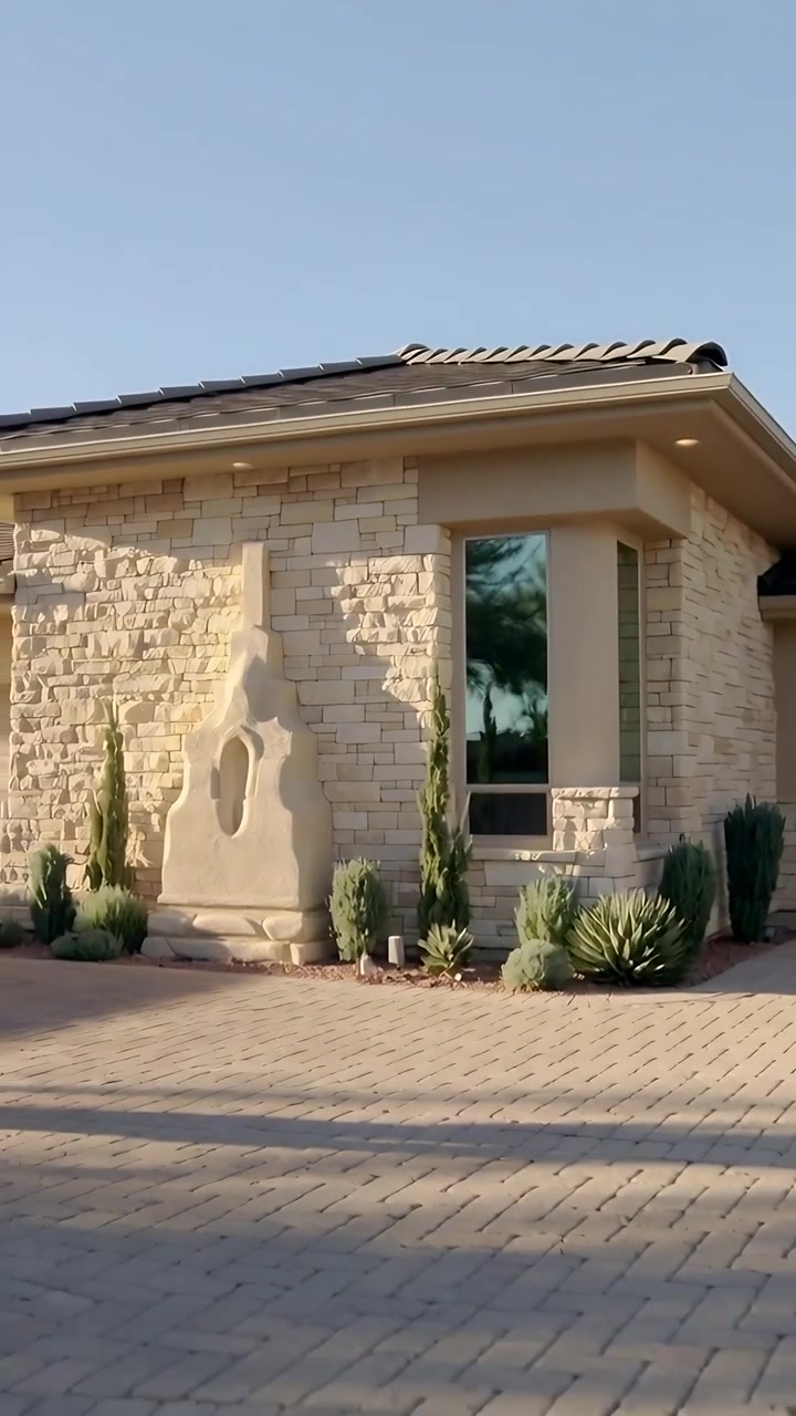 Video verticale: Panoramica iniziale della telecamera che rivela la facciata della casa e il garage con una scultura in pietra.