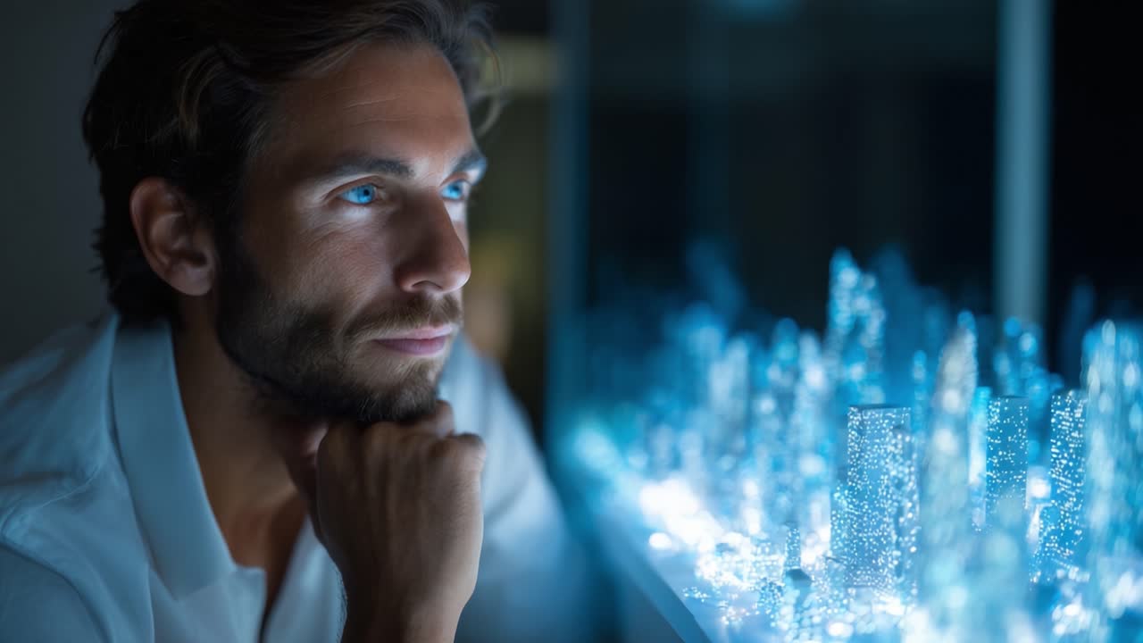 A man reflects thoughtfully on a mesmerizing display of illuminated glass structures, evoking curiosity and wonder in a moment of serene contemplation