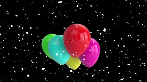 animación de globos coloridos volando y confeti cayendo sobre un fondo negro