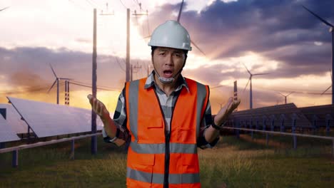 wondering asian male engineer with safety helmet saying why working doubtfully with solar panel and wind turbines