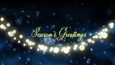 animation of seasons greetings text at christmas over snow falling