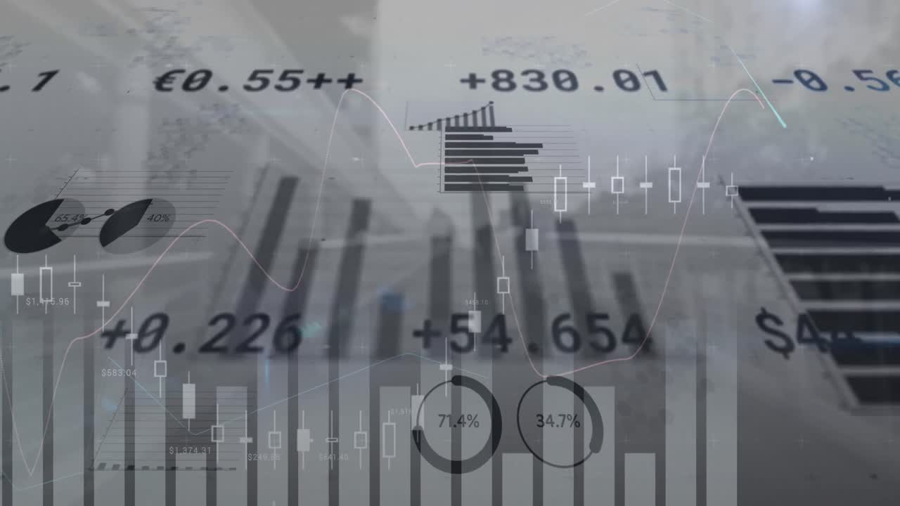 Animation of multiple graphs and trading board over modern buildings against sky