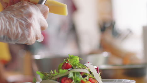 hands of chef grating cheese on salad