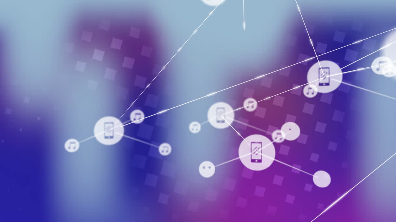 animación de la red de dispositivos conectados e íconos de música sobre un fondo borroso