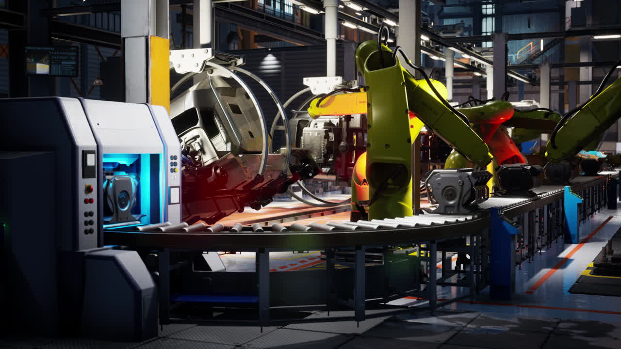 brazos de robot en una línea de ensamblaje en una fábrica