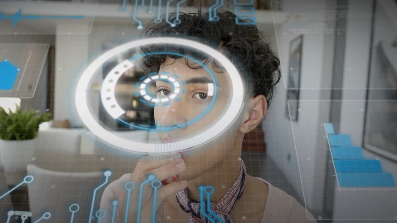 Man bringing hand to lips, applying lip product for beauty demo, while AR HUD scanning face