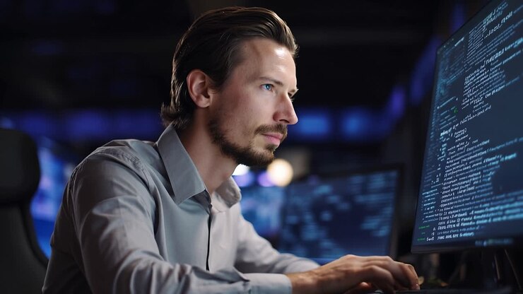 Focused Male Professional Analyzing Data on Computer Screens in a Darkened Environment, Showcasing Technology and Concentration in Digital Workspace