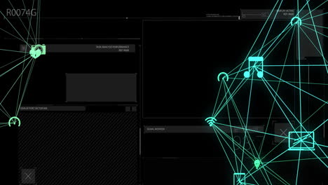animación de dos globos de iconos digitales que giran contra la interfaz con el procesamiento de datos