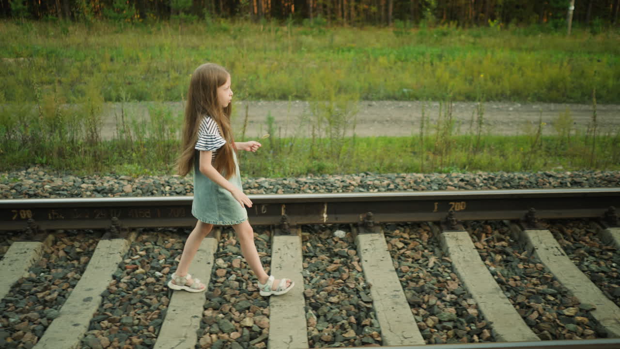 side view of young girl with long flowing hair walking confidently along rail track in countryside, wearing striped top and denim dress, surrounded by greenery and rocky railway bed in warm daylights