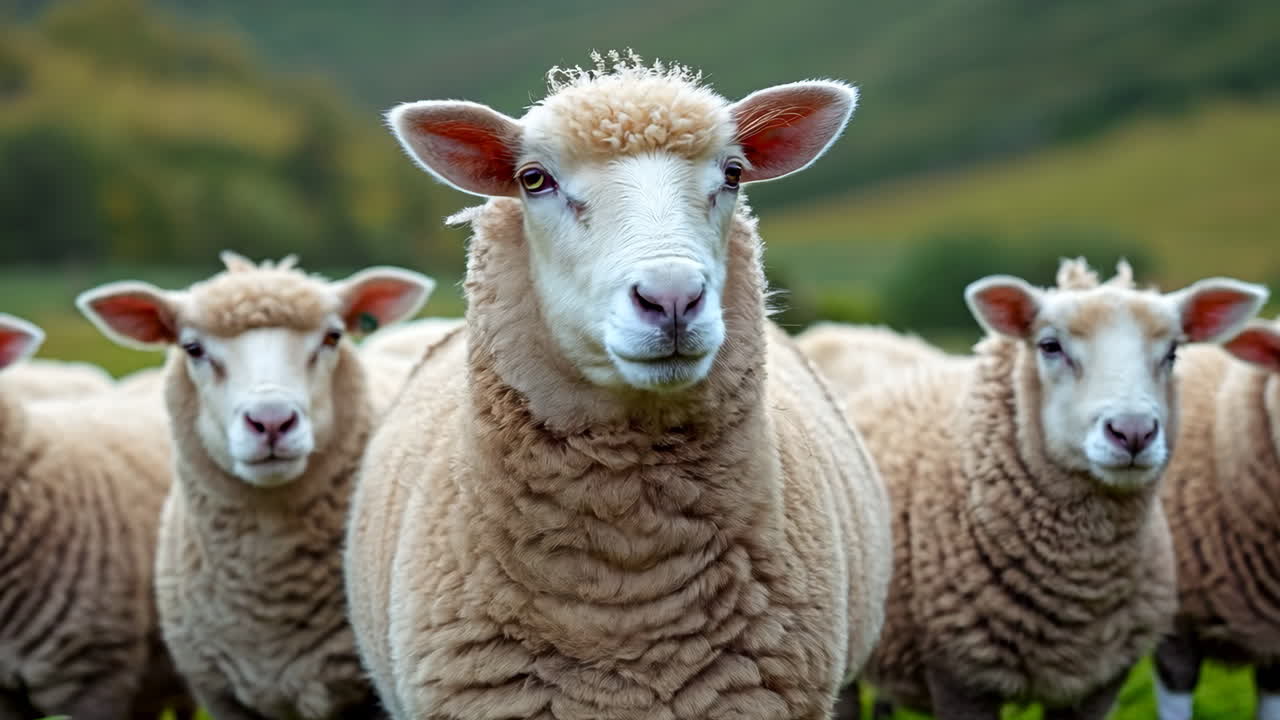 Mature Sheep Grazing in Lush Green Meadow During Clear Day. A group of sheep grazes peacefully in a vibrant green meadow under a clear blue sky.