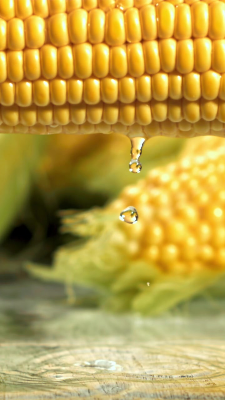 Fresh Corn Cob with Water Dripping in Slow Motion