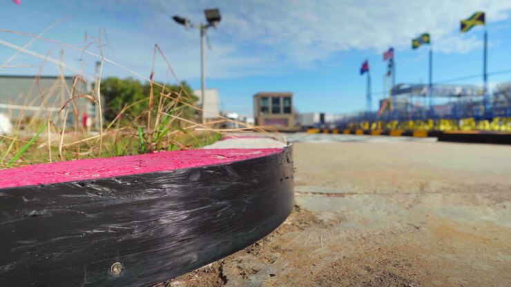 Closed karting circuit in an abandoned funfair during Coronavirus Covid-19 pandemic lockdown, empty scenery in an amusement park