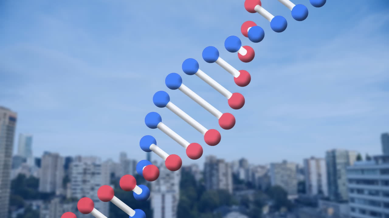 도시 풍경 위의 dna 가닥의 애니메이션