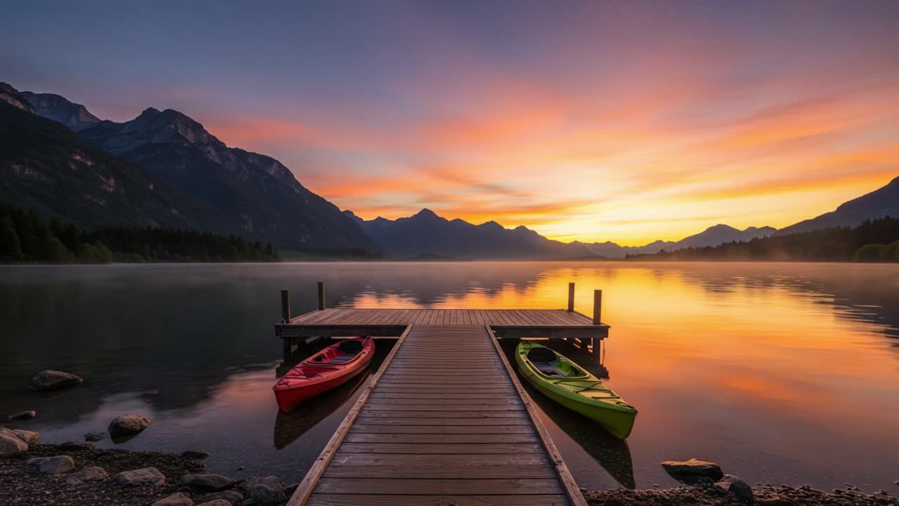 A Serene Lakeside Evening: Kayaks Resting on a Dock Under a Vast Colorful Sky Captured During Sunset Transformation to Nightfall