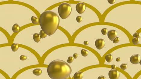 Animation-of-gold-balloons-floating-on-repeated-gold-curve-pattern-on-beige-background