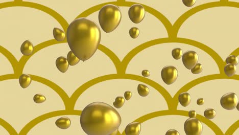 animation of gold balloons floating on repeated gold curve pattern on beige background