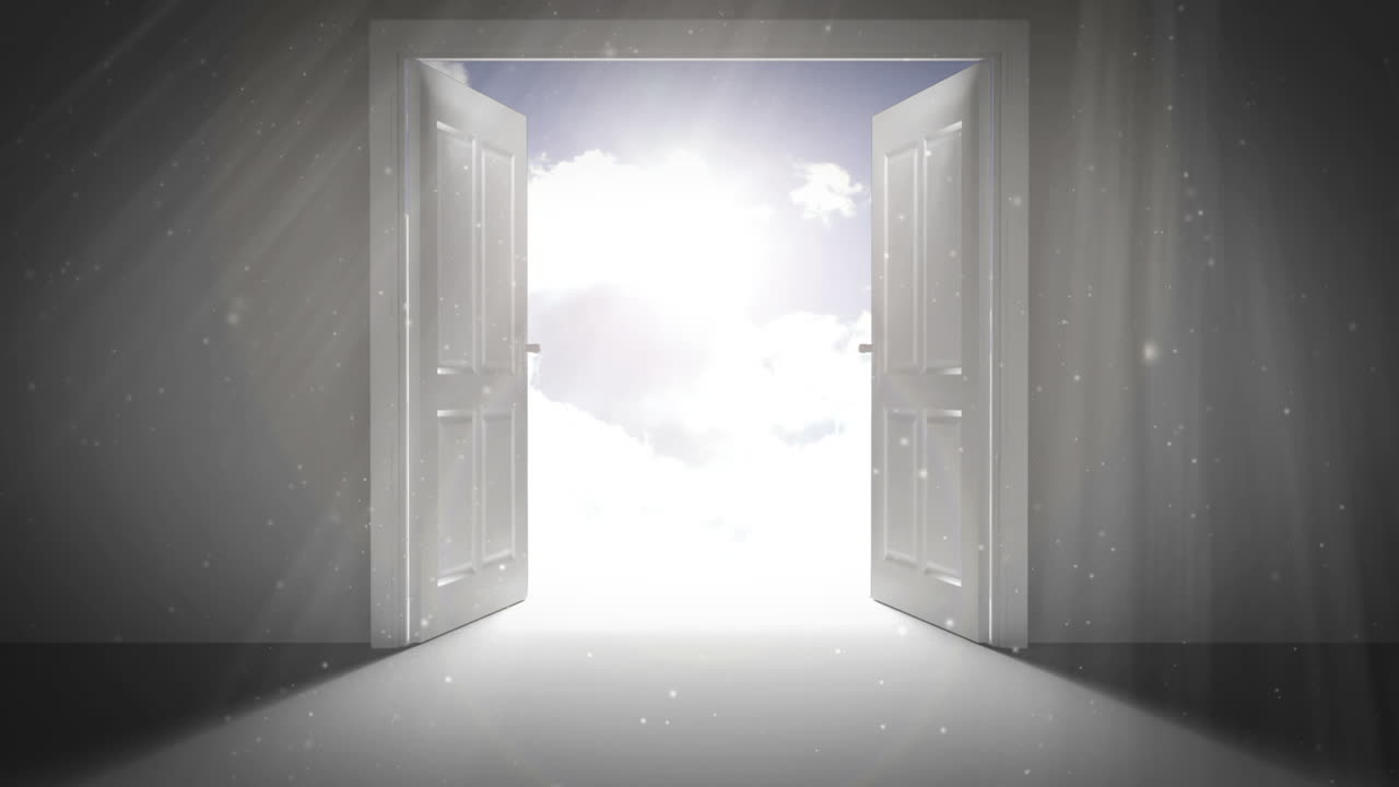 푸른 밝은 하늘을 드러내기 위해 문을 열고