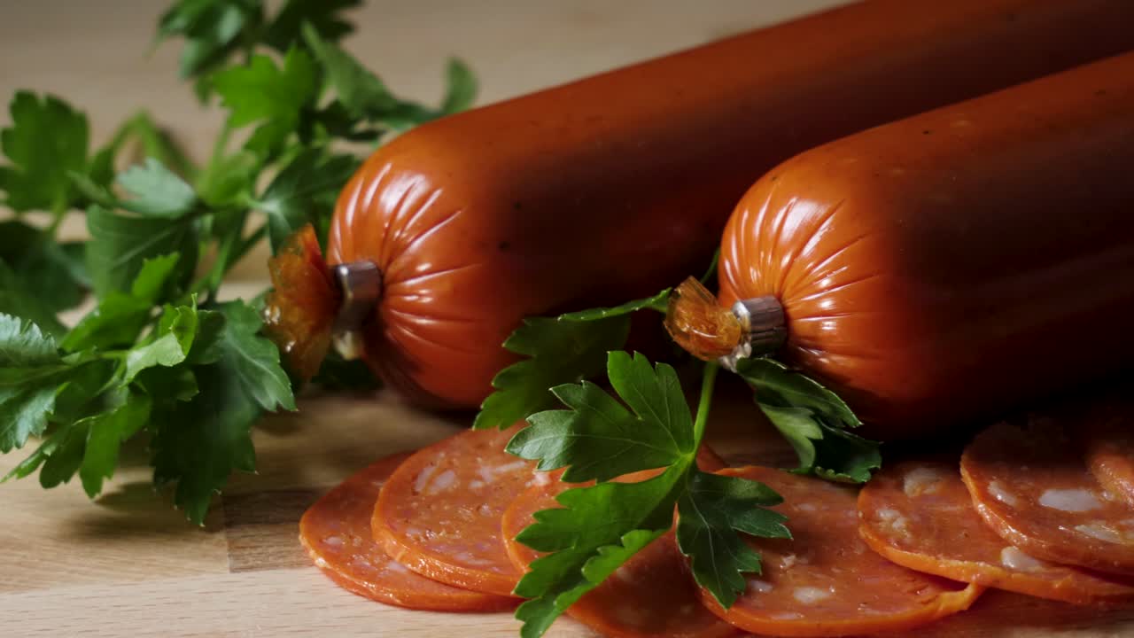 Slices of Pepperoni and Whole Sausages with Parsley