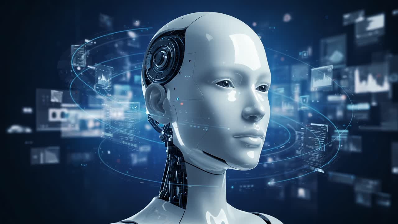 A Hyper-Realistic Depiction of an Advanced Robotic Head Surrounded by Glowing Data Visualizations, Representing the Future of Artificial Intelligence