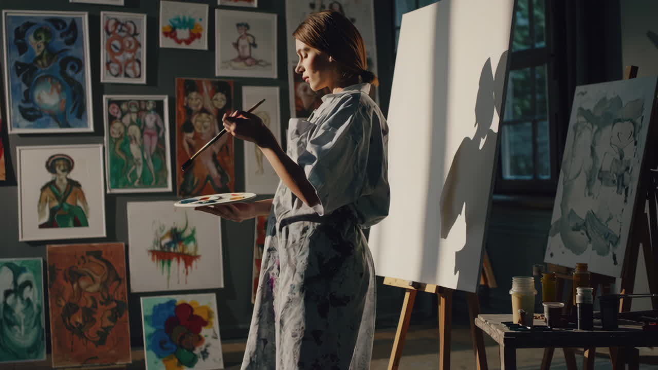 Female artist painting in studio