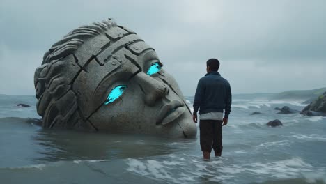 a man stands in the ocean facing a colossal, broken stone head with glowing blue eyes