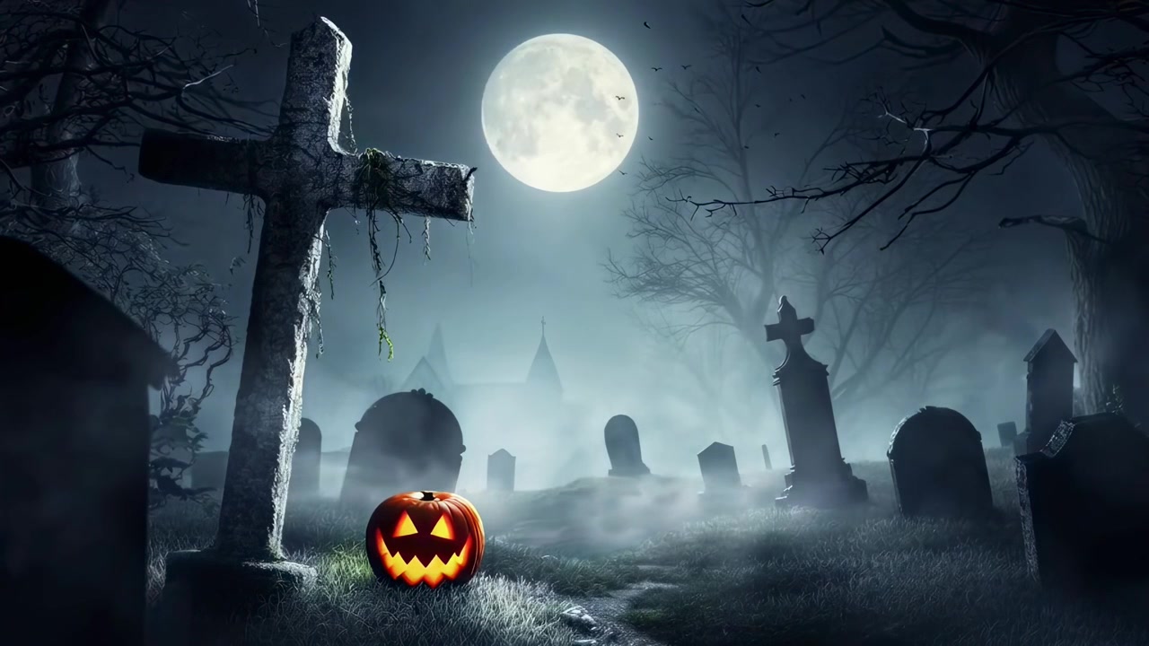 Zucca di Halloween luminosa in un cimitero nebbioso e spettrale di notte