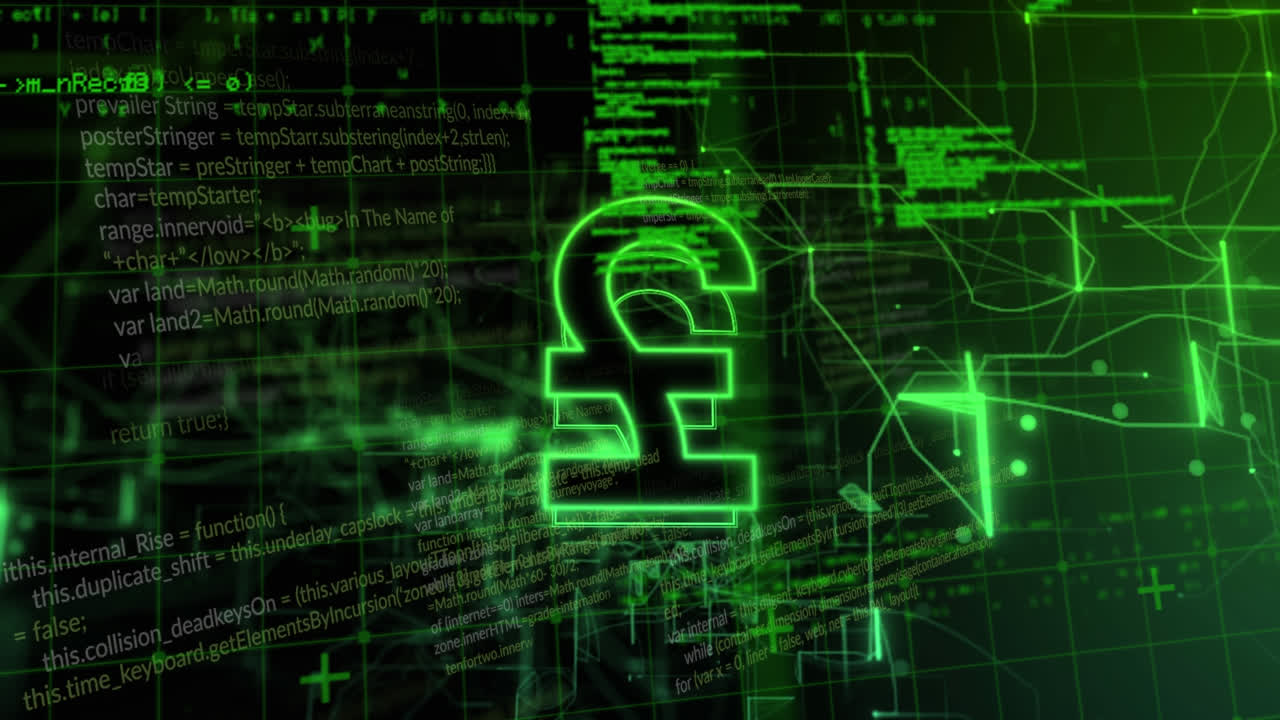 animación del procesamiento de datos y el símbolo de la libra sobre fondo negro