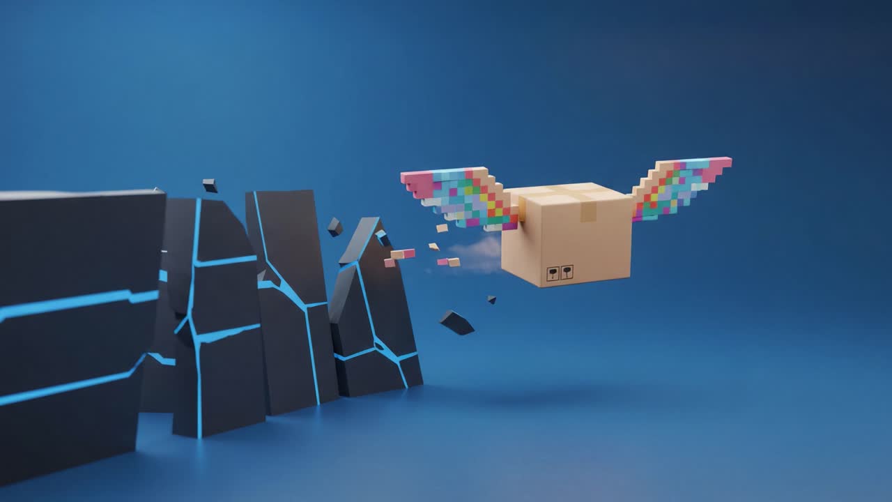 A whimsical box with colorful wings takes flight, soaring through a digital landscape, breaking through barriers and celebrating creativity and freedom in vibrant animation