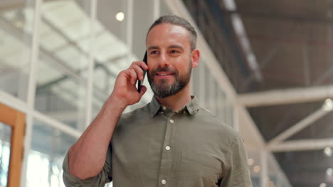 Happy,-walking-and-businessman-on-a-phone-call