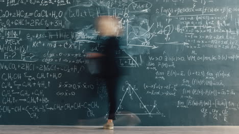 Woman in front of a chalkboard full of equations