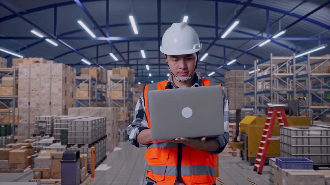 Vista frontale di un ingegnere uomo asiatico che usa il computer mentre cammina e ispeziona in un ampio magazzino con file di scaffalature.
