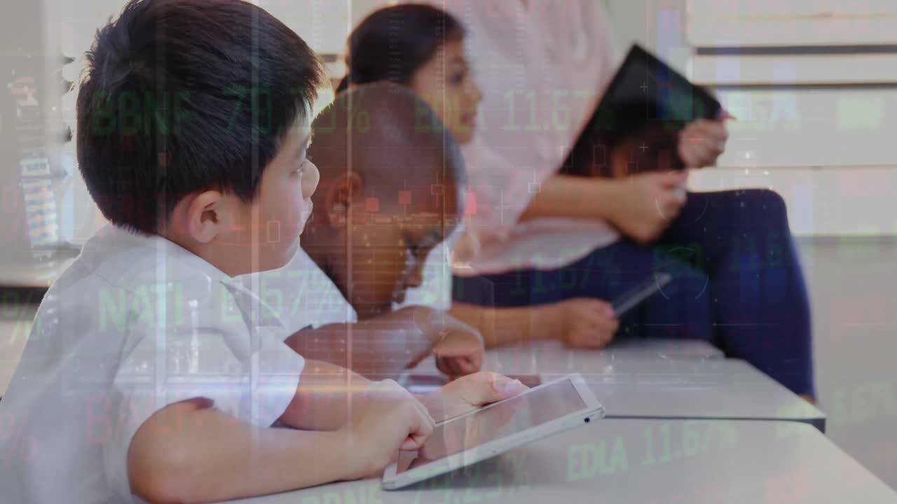 교실에서 태블릿을 사용하는 다양한 학생에 대한 그래프와 금융 데이터의 애니메이션