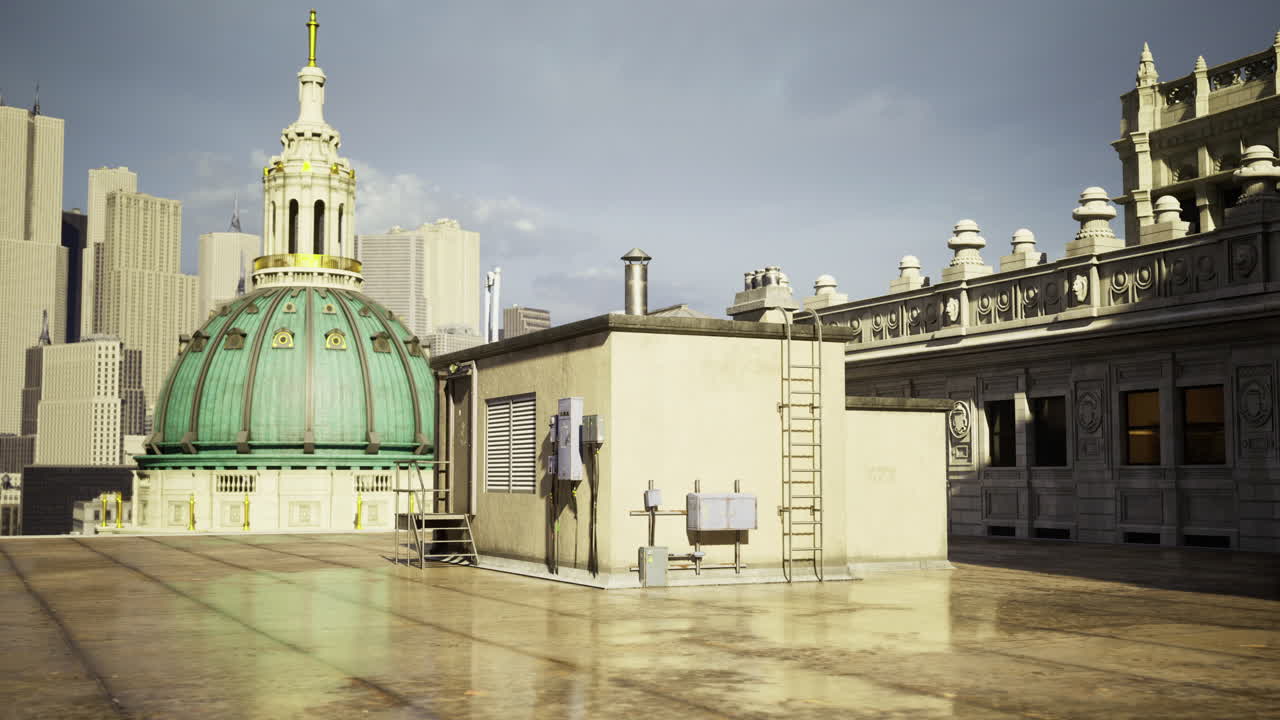 Rooftop view of a city skyline with a prominent dome structure