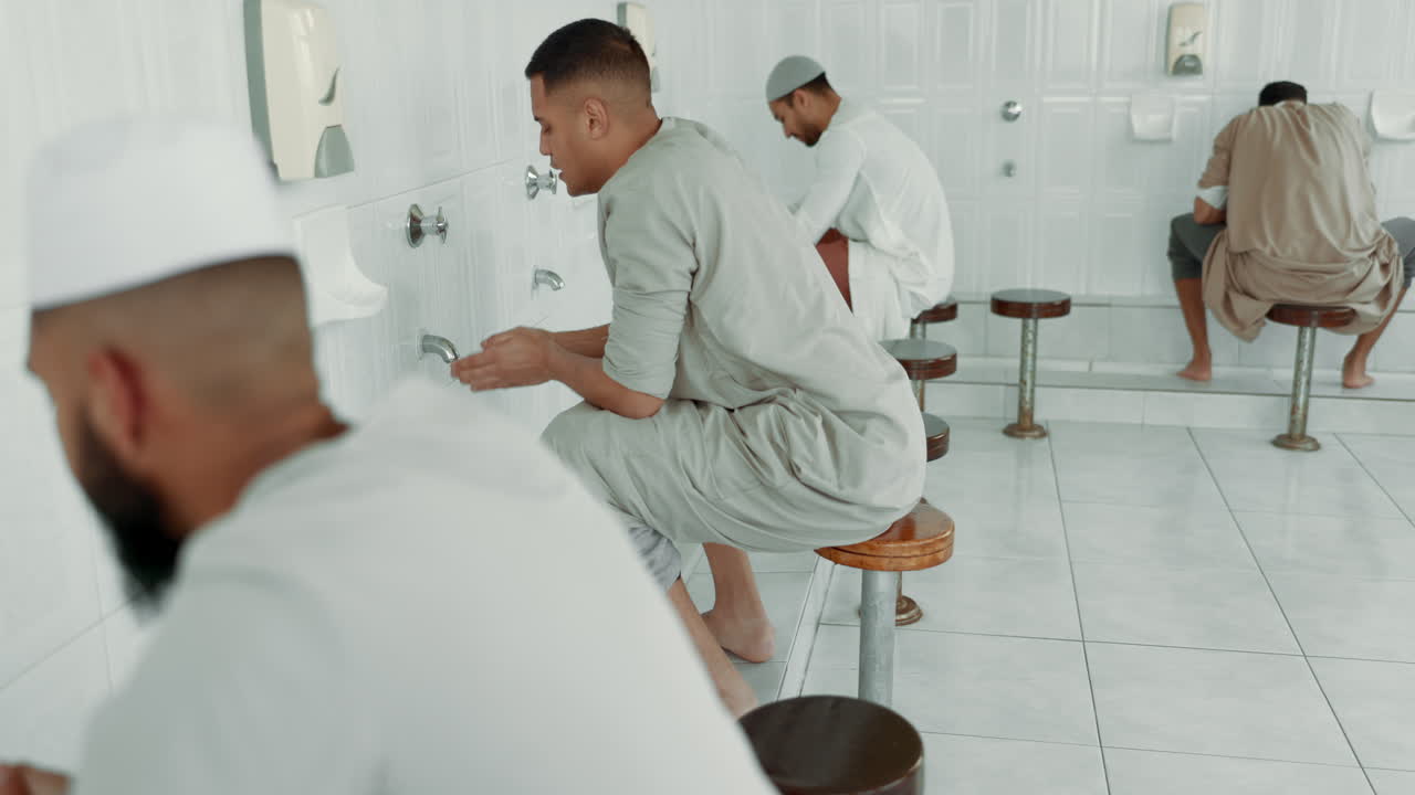 Muslim, religion and men washing face before