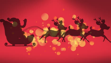 animation of santa claus in sleigh with reindeer over red background