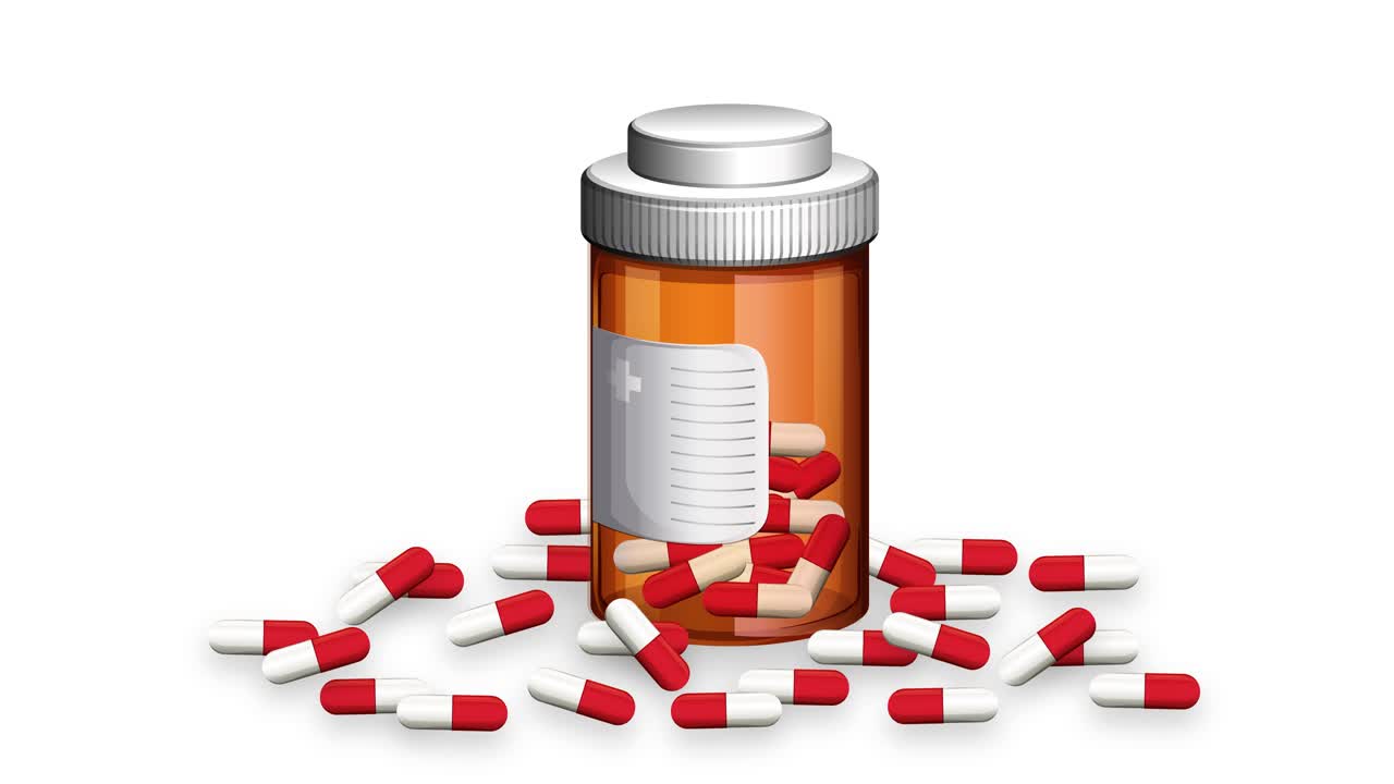 Pill bottle enlarges with scattered capsules