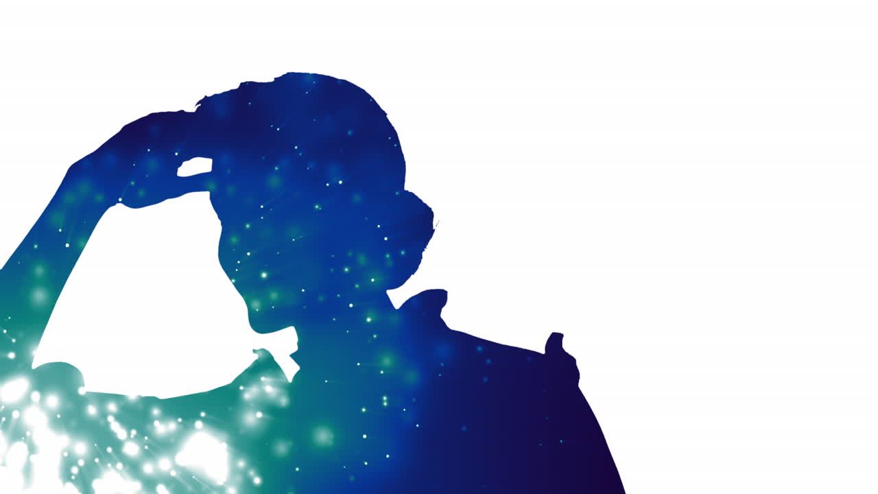 색 배경에 빛의 흔적과 함께 주변을 둘러보는 사업가의 실루의 애니메이션