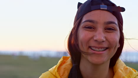 teenager, smile portrait and happy on beach