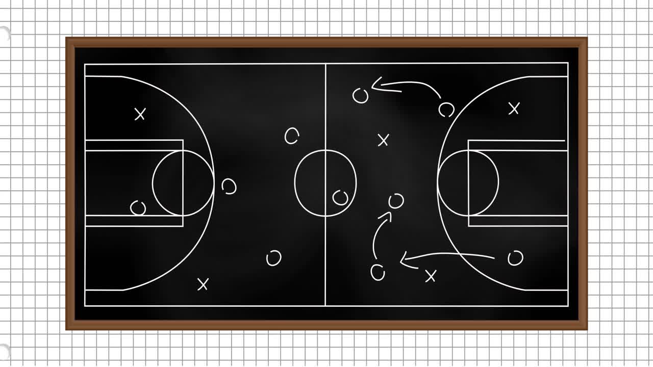Animation of football game strategy drawn on black chalkboard against squared lined paper background