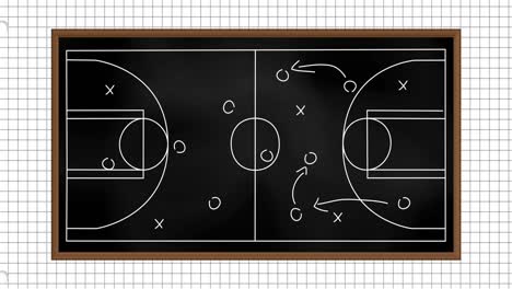 animation of football game strategy drawn on black chalkboard against squared lined paper background