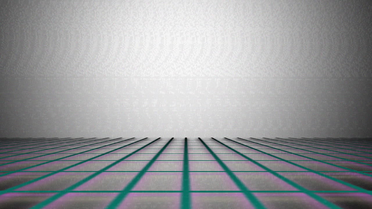 깨한 vhs vaporwave 녹색 전망 그리드 레트로 배경, 끝없는 루프 3d 애니메이션