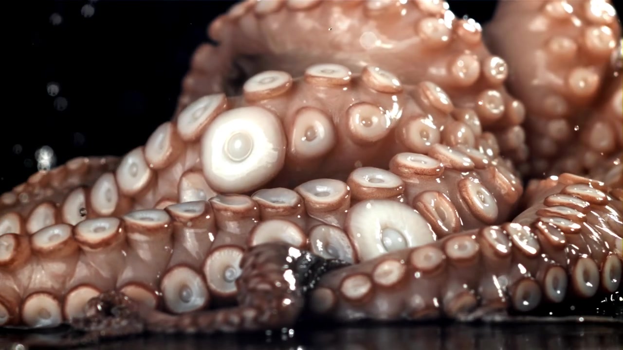 Tentacoli di polpo freschi che schizzano nell'acqua al rallentatore.