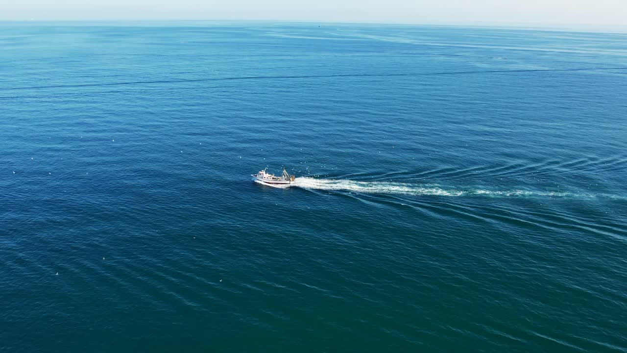 바위가 많은 부두 주변을 맴도는 조감도 근해 어선, 갈매기, 새