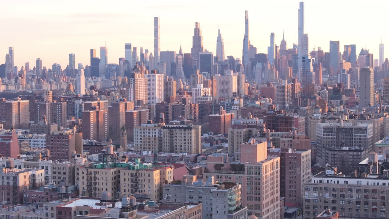 Aerial view of the New York City skyline at dusk. Shot in Harlem looking south towards Midtown Manhattan.