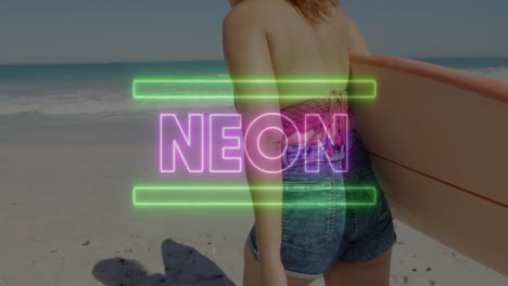 person carrying surfboard on beach with neon text animation overlay